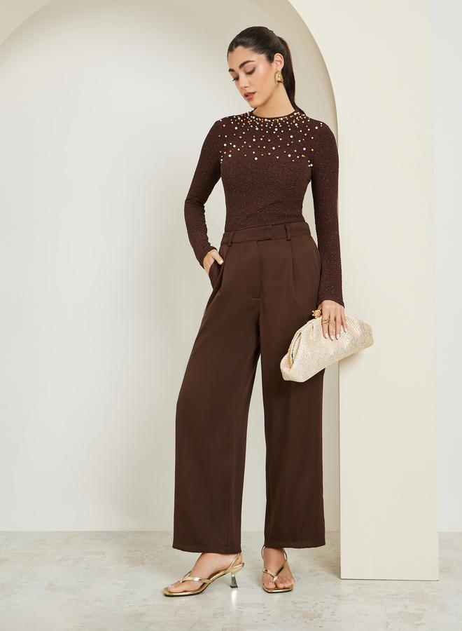 Styli Women Brown Pearl Embellished Knit Top - Image 2